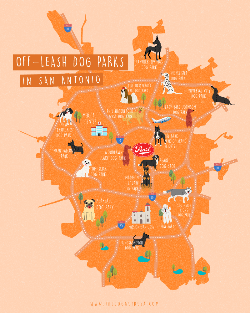 orange graphic map of san antonio featuring icons of dogs at different off-leash dog park locations 