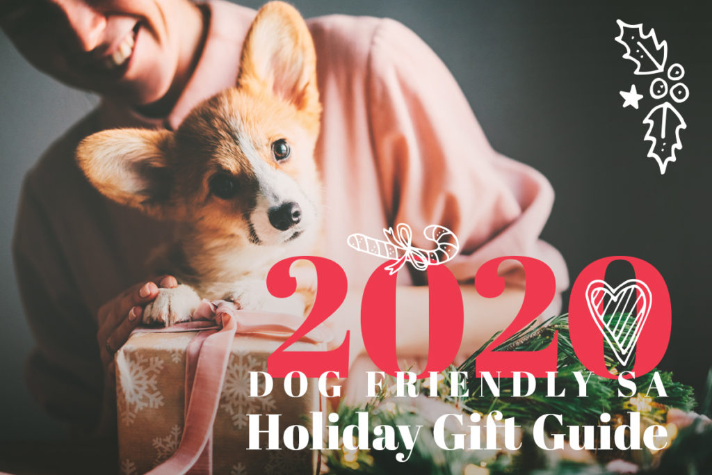 woman in background holding cute corgi dog with present, caption reads "2020 dog friendly sa holiday gift guide"