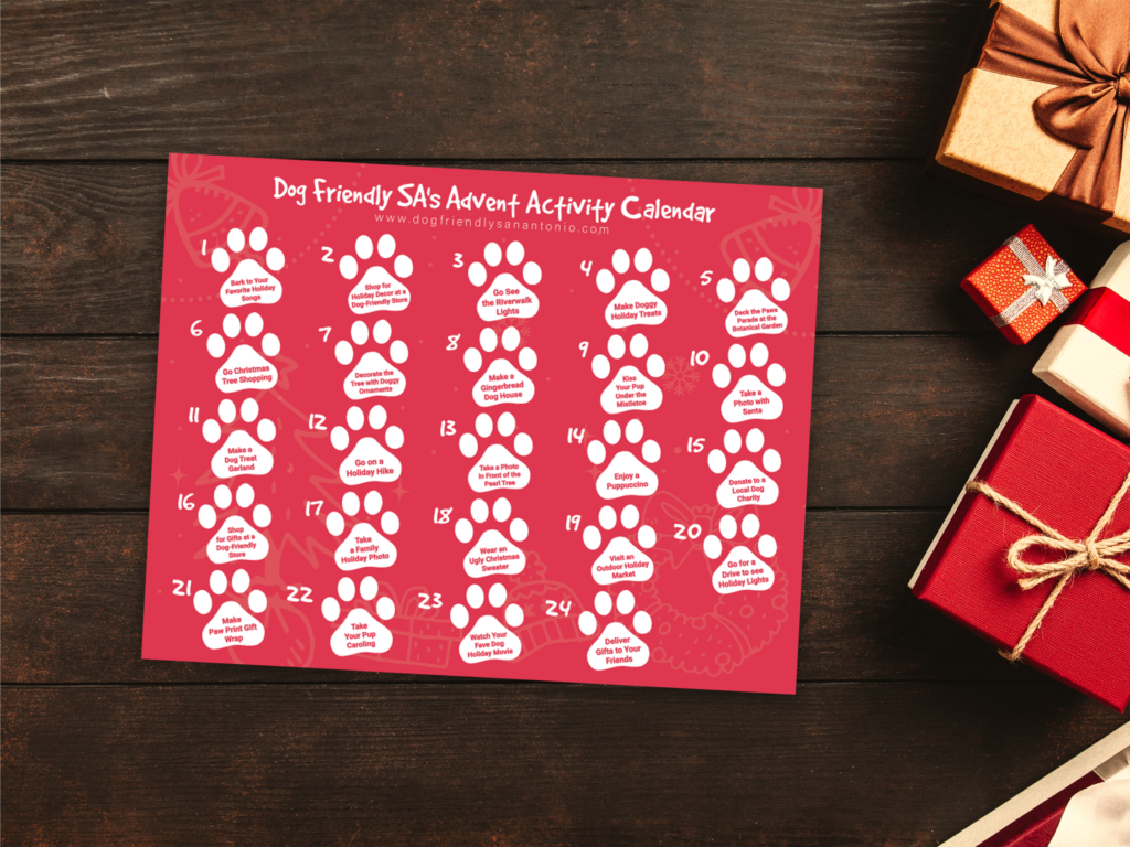 dog advent calendar printable on wooden table next to presents