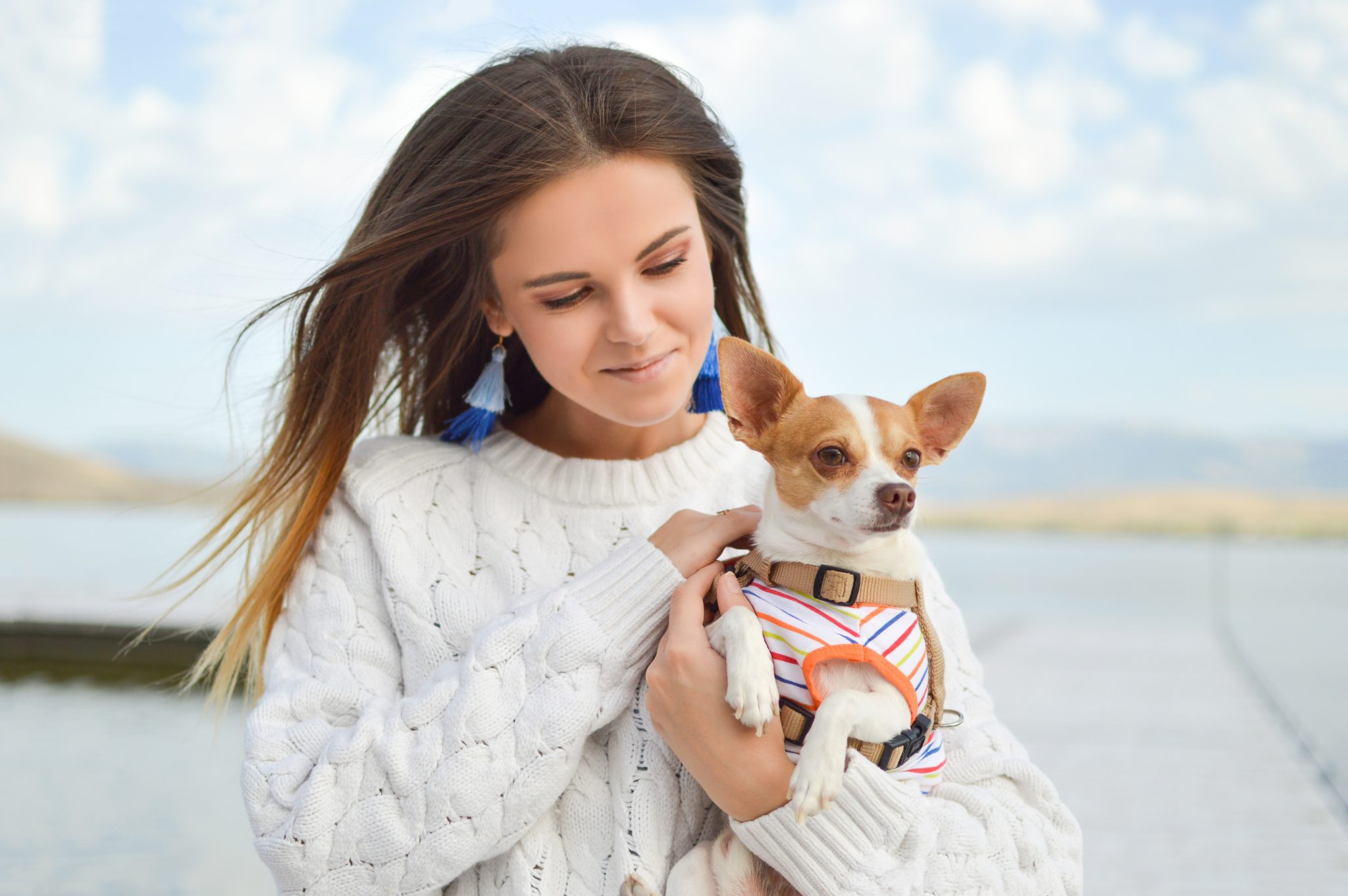 Woman holding a Chihuahua dog. Chihuahuas are a good match for star sign Aires. 