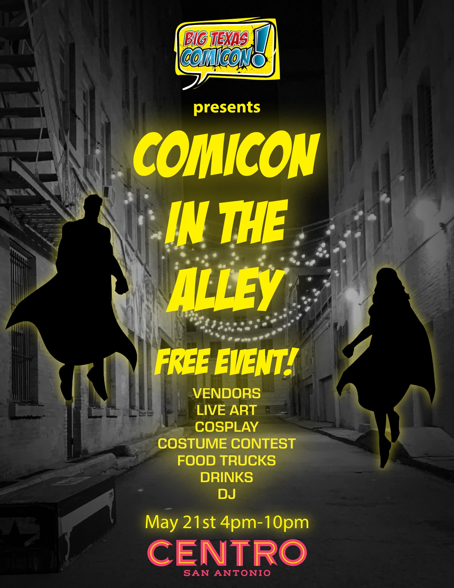 shadowy superheroes in back ground, main text reads "comicon in the alley"