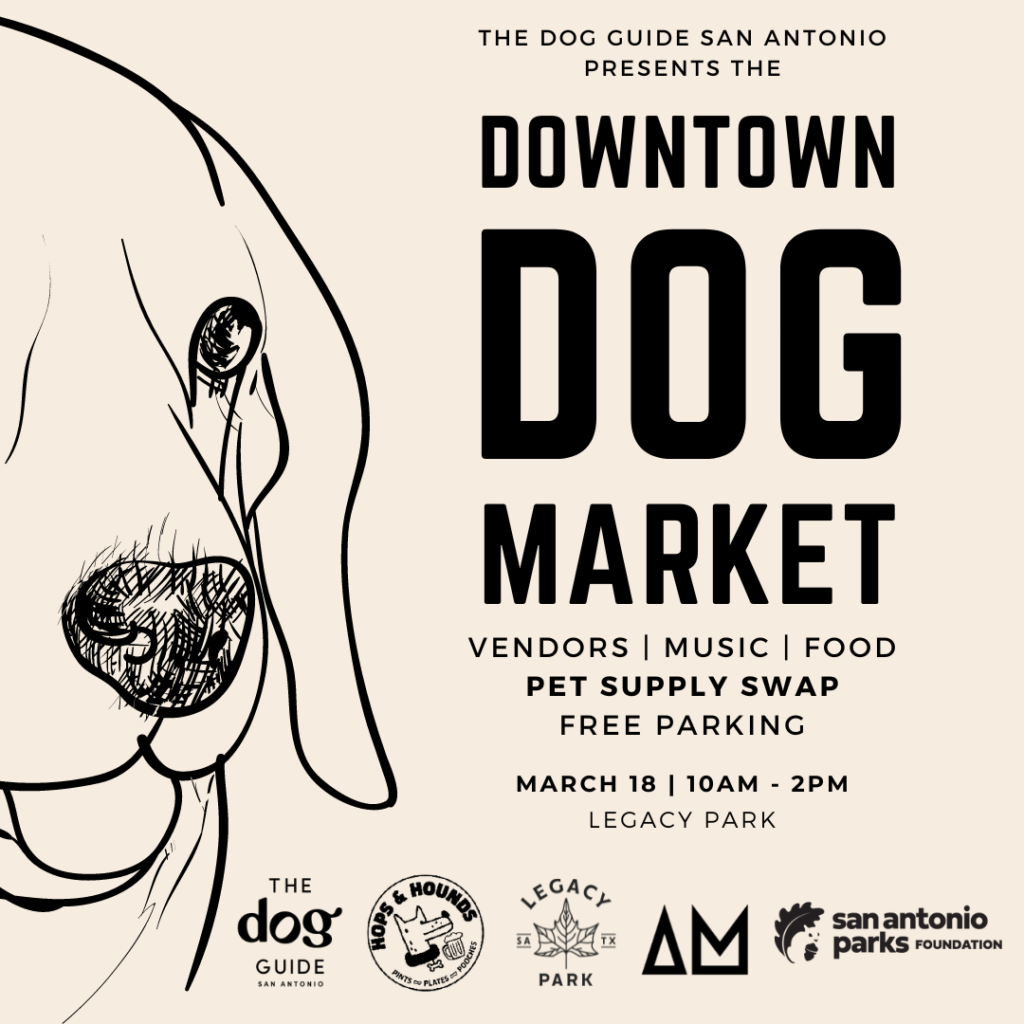 square graphic with black outline of dog and large text that reads "downtown dog market"